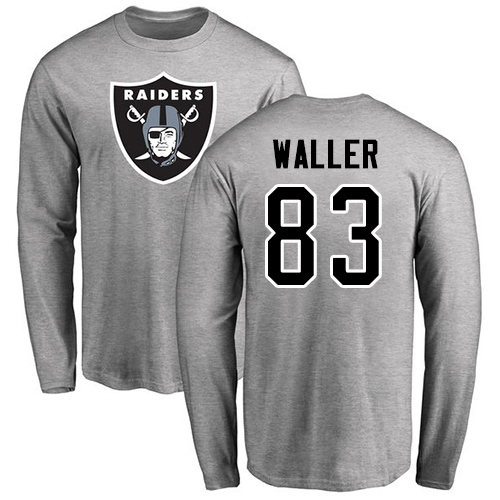 Men Oakland Raiders Ash Darren Waller Name and Number Logo NFL Football #83 Long Sleeve T Shirt->oakland raiders->NFL Jersey